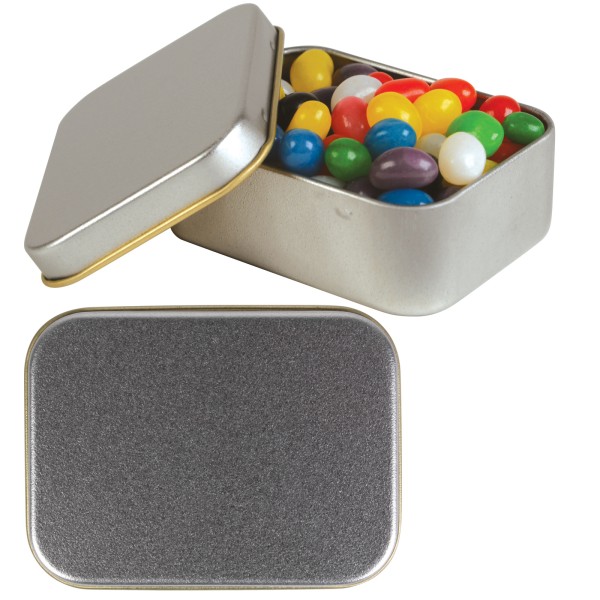 Assorted Colour Mini Jelly Beans in Silver Rectangular Tin Promotional Products, Corporate Gifts and Branded Apparel