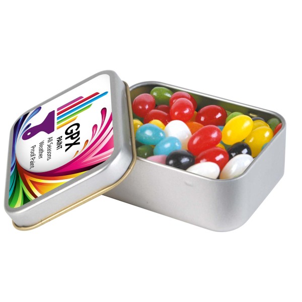 Assorted Colour Mini Jelly Beans in Silver Rectangular Tin Promotional Products, Corporate Gifts and Branded Apparel