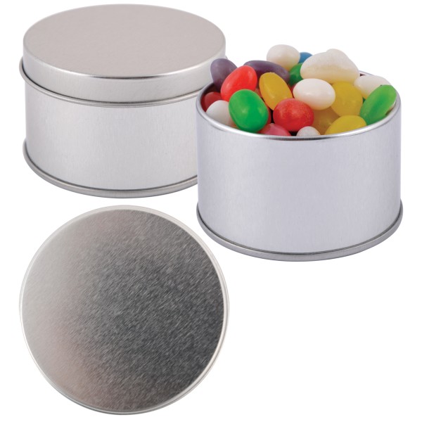 Assorted Colour Mini Jelly Beans in Silver Round Tin Promotional Products, Corporate Gifts and Branded Apparel