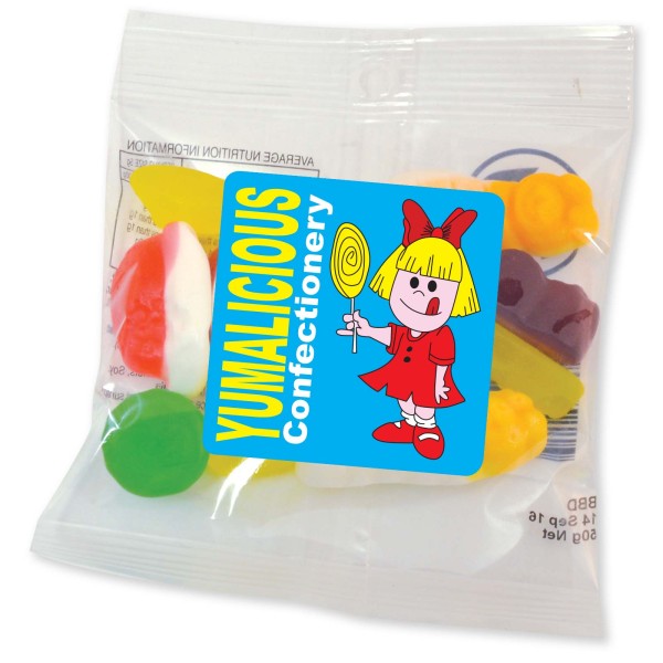 Assorted Jelly Party Mix in 50 Gram Cello Bag Promotional Products, Corporate Gifts and Branded Apparel