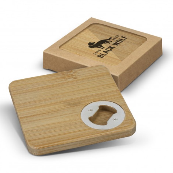 Bamboo Bottle Opener Coaster Set of 2 - Square Promotional Products, Corporate Gifts and Branded Apparel