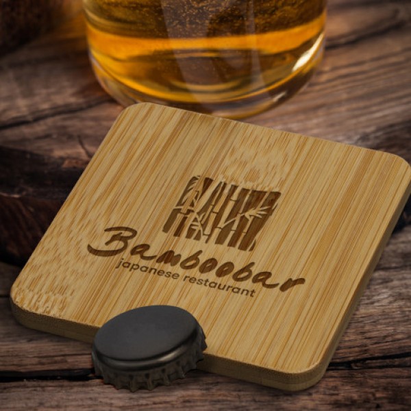 Bamboo Bottle Opener Coaster - Square Promotional Products, Corporate Gifts and Branded Apparel