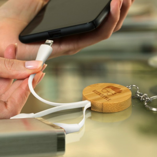 Bamboo Charging Cable Key Ring - Round Promotional Products, Corporate Gifts and Branded Apparel
