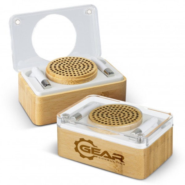 Bamboo Wireless Speaker & Earbud Set Promotional Products, Corporate Gifts and Branded Apparel