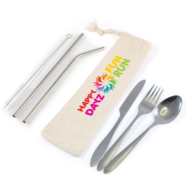 Banquet Stainless Steel Cutlery & Straw Set in Calico Pouch Promotional Products, Corporate Gifts and Branded Apparel