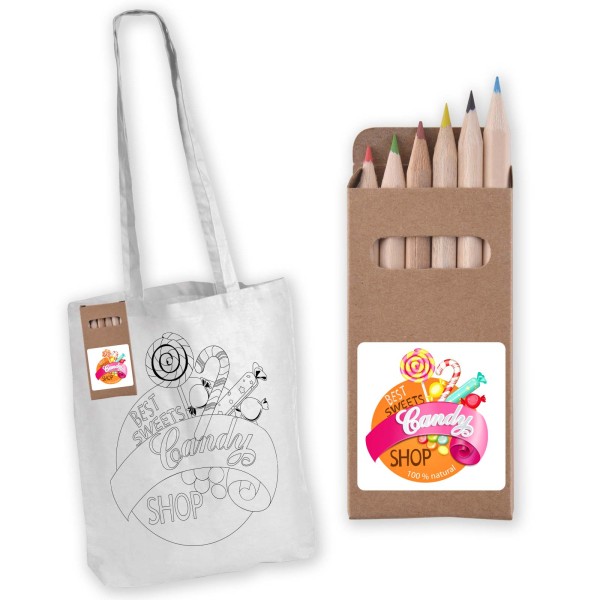 Colouring Long Handle Cotton Bag & Pencils Promotional Products, Corporate Gifts and Branded Apparel