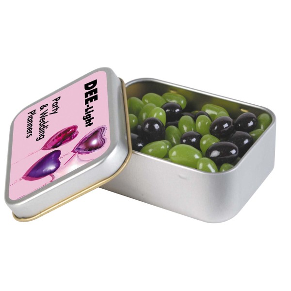 Corporate Colour Mini Jelly Beans in Silver Rectangular Tin Promotional Products, Corporate Gifts and Branded Apparel