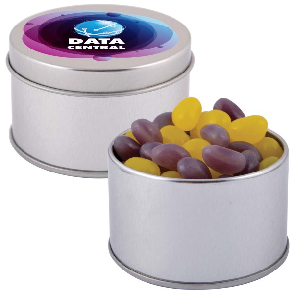 Corporate Colour Mini Jelly Beans in Silver Round Tin Promotional Products, Corporate Gifts and Branded Apparel