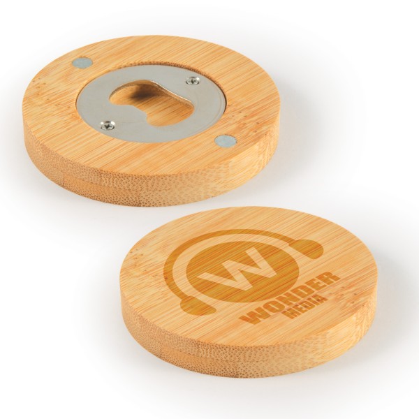 Discus Bamboo Bottle Opener Coaster Promotional Products, Corporate Gifts and Branded Apparel