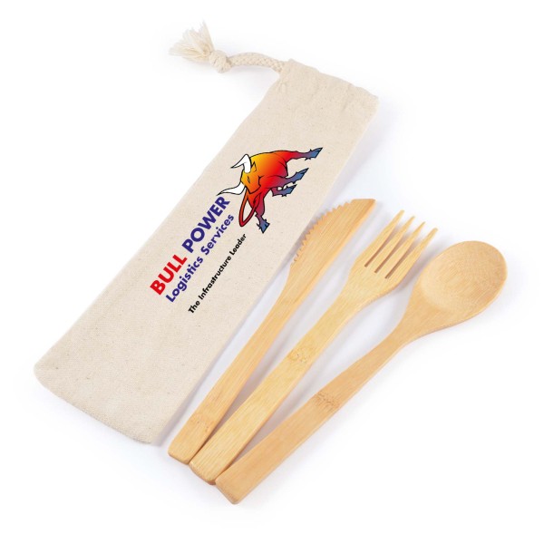 Miso Bamboo Cutlery Set in Calico Pouch Promotional Products, Corporate Gifts and Branded Apparel