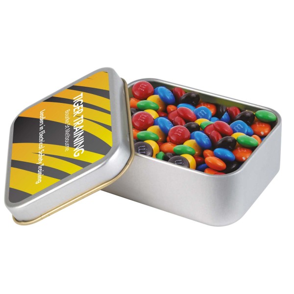 M&M's in Silver Rectangular Tin Promotional Products, Corporate Gifts and Branded Apparel