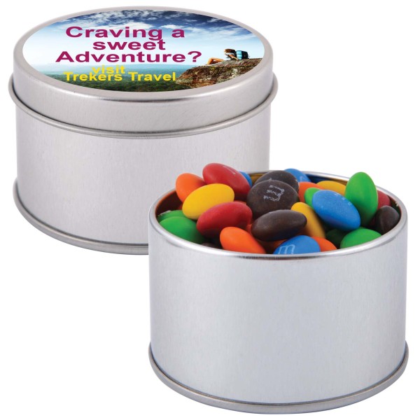 M&M's in Silver Round Tin Promotional Products, Corporate Gifts and Branded Apparel