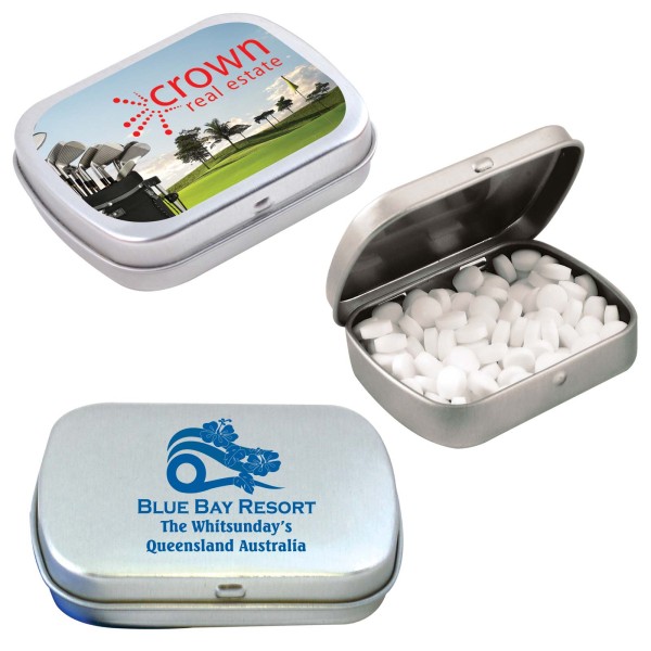 Sugar Free Breath Mints in Silver Tin Promotional Products, Corporate Gifts and Branded Apparel